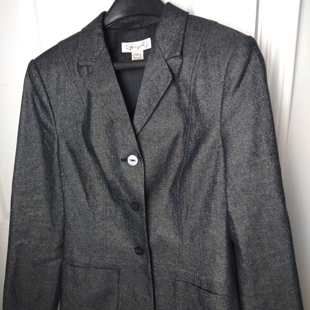 Spiegel black silver sparkle metallic threads fitted formal jacket. Size 8